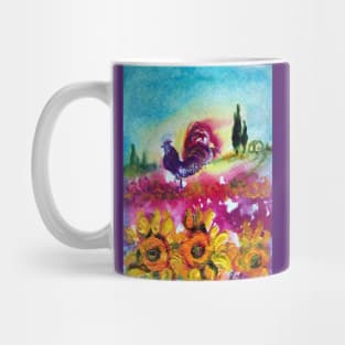 SUNFLOWERS, POPPIES AND BLACK ROOSTER IN BLUE SKY Mug